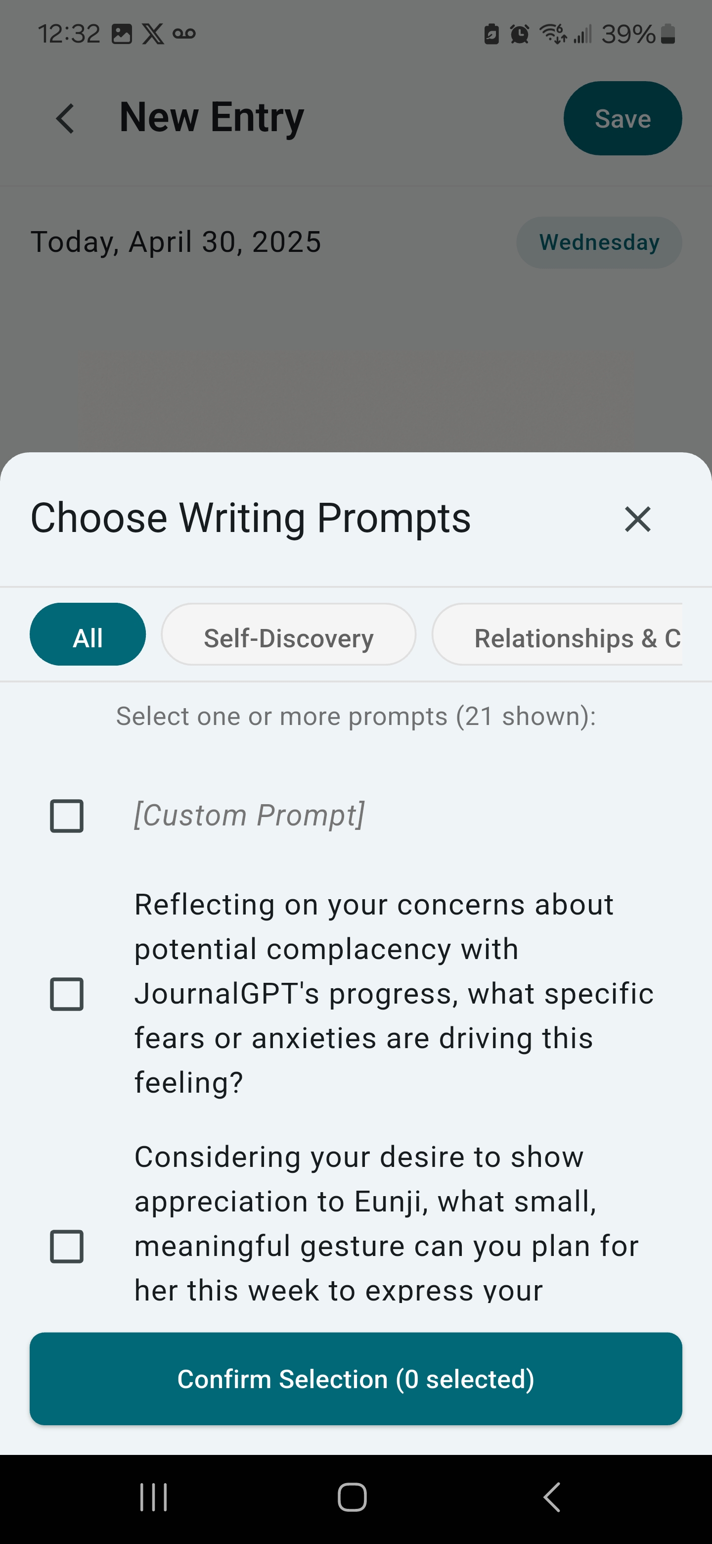 Journaling prompts screen
